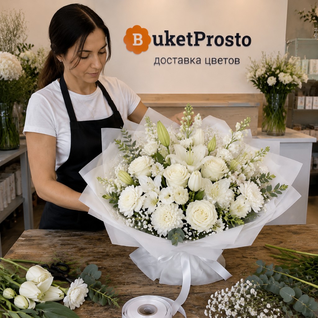 Флорист собирает букет из белых цветов в «Букет Просто»